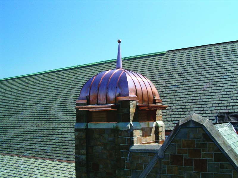 Crocker Architectural of Oxford, Massachusetts, uses a hand seamer for specialty jobs — like this cupola on the First Unitarian Church in Newton, Massachusetts. CROCKER ARCHITECTURAL PHOTOS