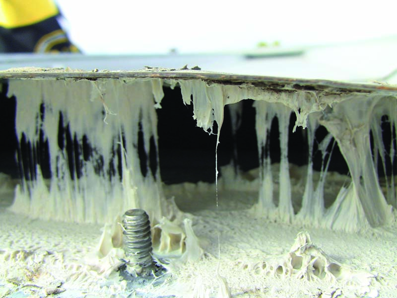 Figure 1: Webbing, elasticity and adhesion of a proven butyl formulation within a joint after 33.5 years of service. Photo courtesy of Rob Haddock, Metal Roof Advisory Group, Ltd.